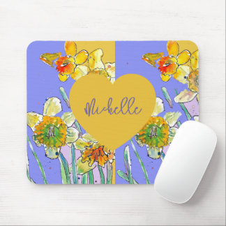Gele narcis paarse bloemen vrouwen muismat pad