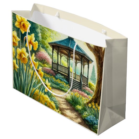 Gele narcissen en Gazebo Bloemen Gift Bag Groot Cadeauzakje (Achterkant Gekanteld)