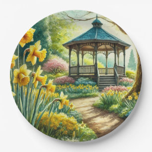 Gele narcissen en prieel papieren bord