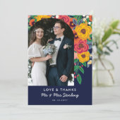 Gele Navy Boho Bloemen Arch Bruiloft Foto Bedankkaart (Staand voorkant)