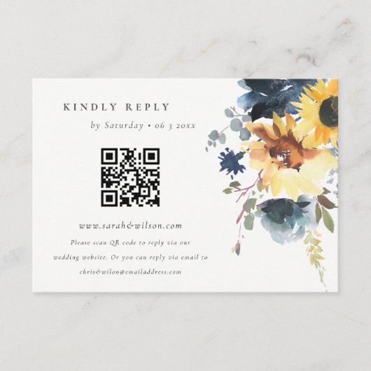 Gele Navy Zonnebloem Bloemen Bruiloft QR Code RSVP Informatiekaartje (Voorkant)