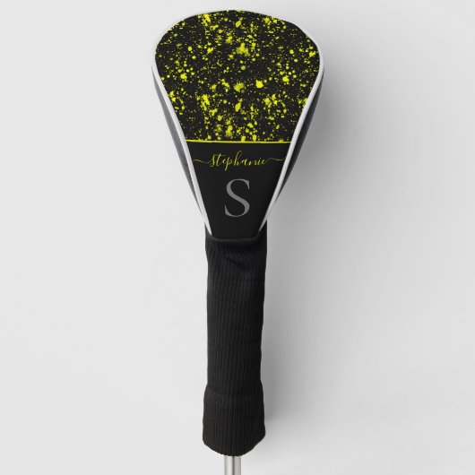 Gele Neon Paint Splatter Monogram Retro Golfheadcover (Voorkant)