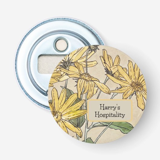  gele oker madeliefjes button flesopener (Voorkant)