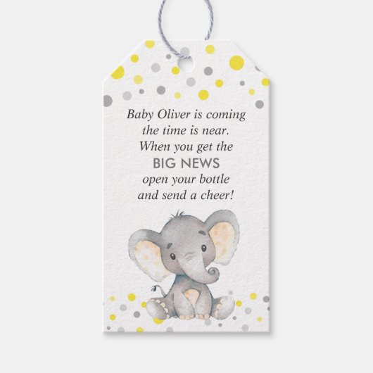 Gele Olifant Baby Jongen Douche Mini Fles Favor Cadeaulabel (Voorkant)