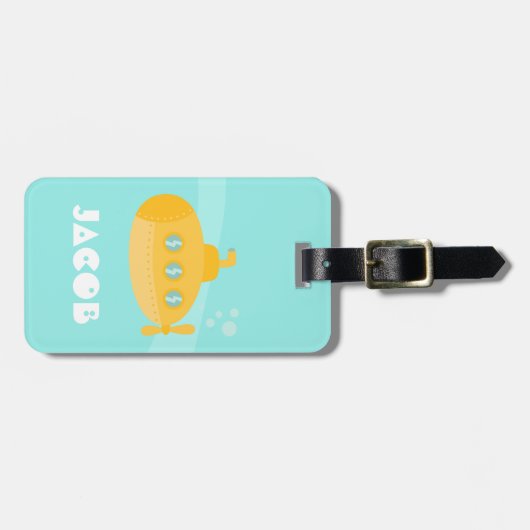 Gele onderwater onderzeeër Kinderen gepersonalisee Bagagelabel (Voorkant horizontaal)