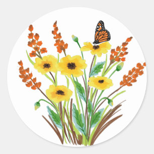 Gele Oranje Waterverven bloemen en vlinder Ronde Sticker