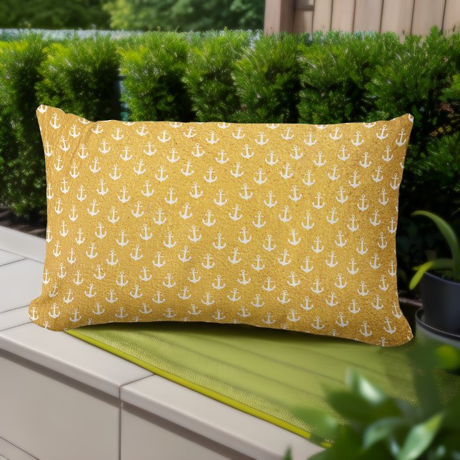 Gele Outdoor Lumbale Kussens - Goud en Ankers (Yellow Outdoor Lumbar Pillow: Nautical Glam for Summer Vibes! ⚓️✨)