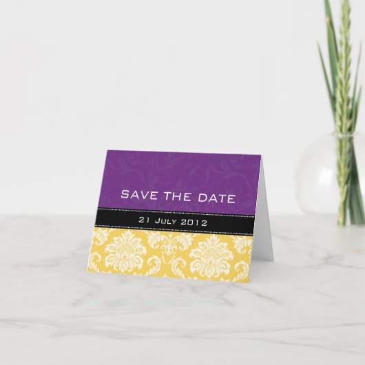 Gele Paarse Damask Bruiloft Save The Date Aankondiging (Voorkant)