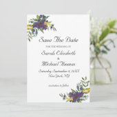 Gele Paarse Floral Wedding Save the Date Card (Staand voorkant)