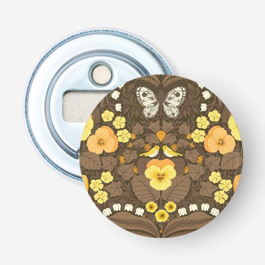 Gele pansies, vogels en vlinders button flesopener (Voorkant)