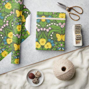 Gele pansies, vogels en vlinders cadeaupapier