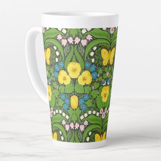 Gele pansies, vogels en vlinders latte mok (Linkerhoek)