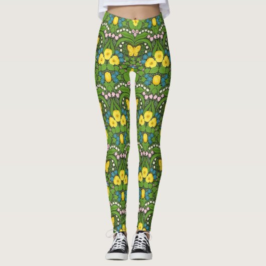 Gele pansies, vogels en vlinders leggings (Voorkant)