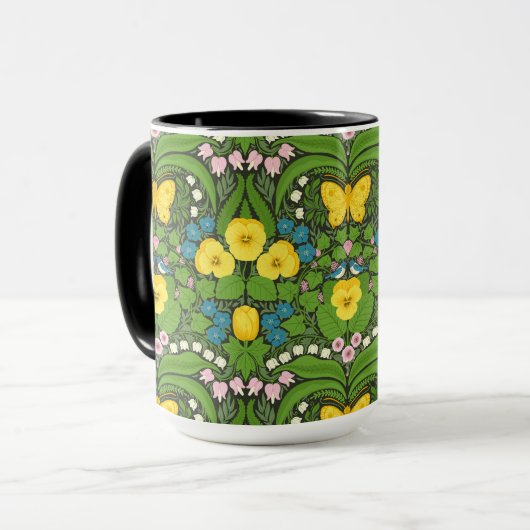 Gele pansies, vogels en vlinders mok (Voorkant links)