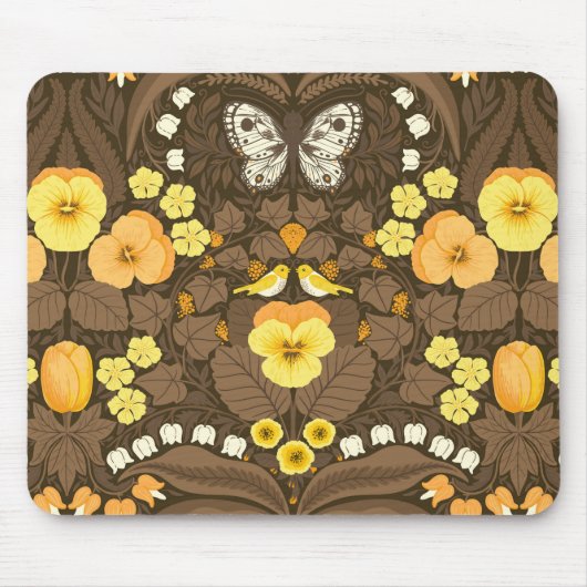 Gele pansies, vogels en vlinders muismat (Voorkant)