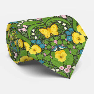 Gele pansies, vogels en vlinders stropdas