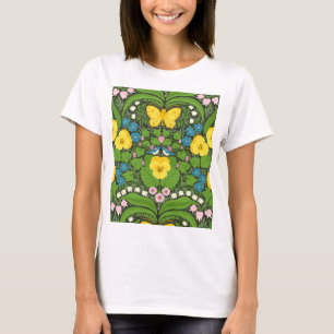 Gele pansies, vogels en vlinders t-shirt