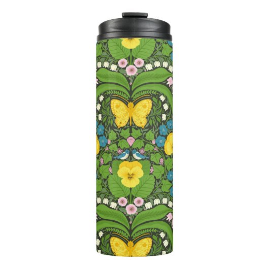 Gele pansies, vogels en vlinders thermosbeker (Voorkant)