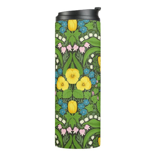 Gele pansies, vogels en vlinders thermosbeker (Gedraaid links)