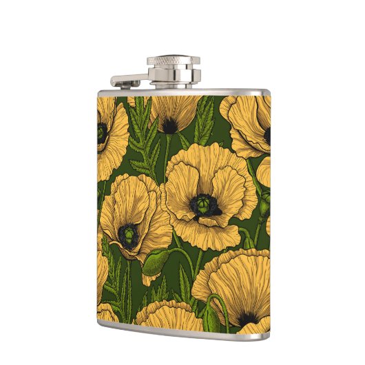 Gele papaver op donkergroen heupfles (Links)