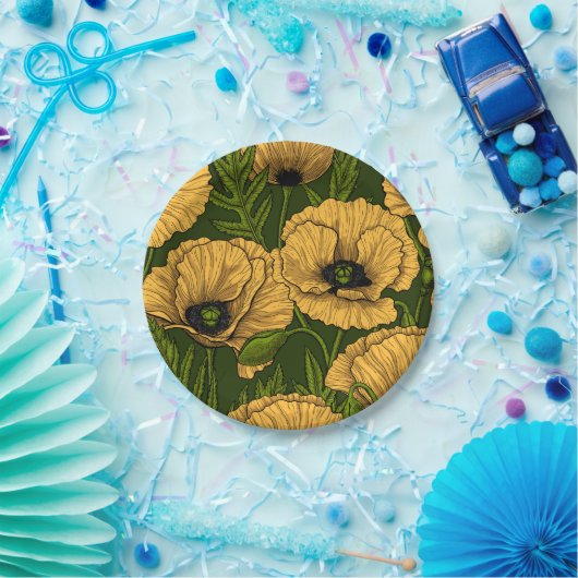 Gele papaver op donkergroen papieren bordje (Feest)