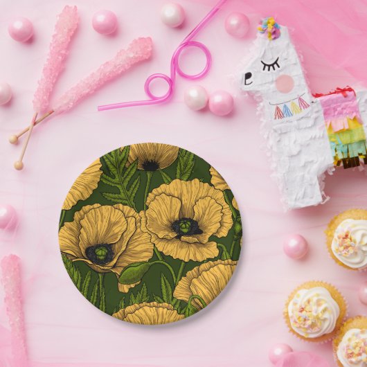 Gele papaver op donkergroen papieren bordje (Feest)