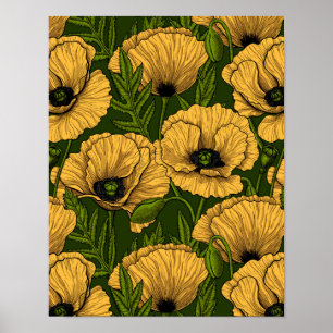 Gele papaver op donkergroen poster