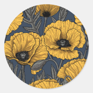 Gele papaver op zee ronde sticker