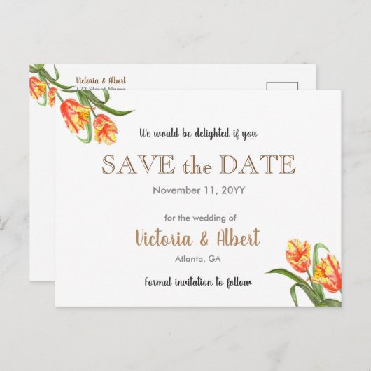 Gele papegaai Tulpen Bloemen Huwelijk Save The Dat Aankondigingskaart (Voorkant / Achterkant)