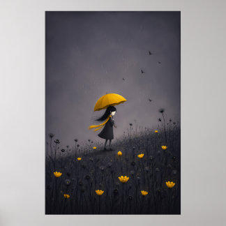 Gele Paraplu Donkere Whimsical Bloemige Poster