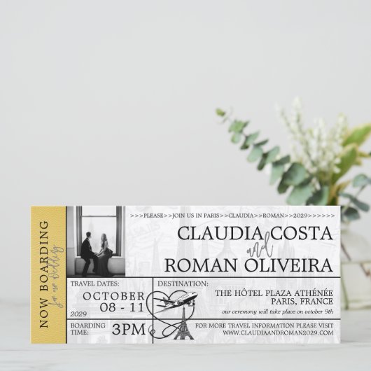 Gele Paris bruiloft instapkaart uitnodiging (Staand voorkant)