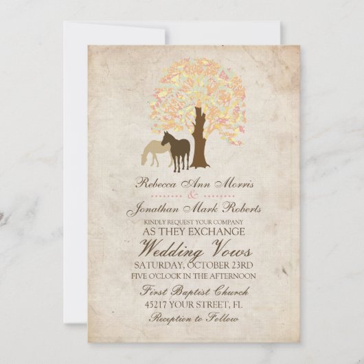 Gele perzik en Mint-herfstpaarden bruiloft Kaart (Voorkant)