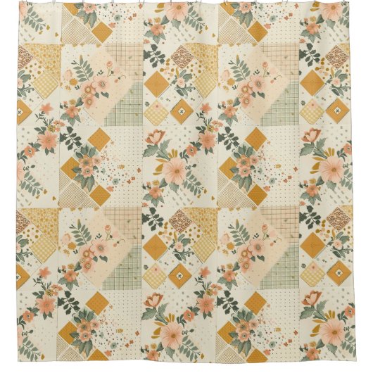 Gele Perzik Patchwork Dekbed Landelijke Retro Bloe Douchegordijn (Voorkant)