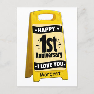 Gele plastic vloerbord happy 1e verjaardag  briefkaart