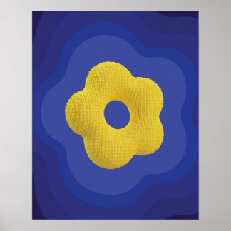 Gele pop bloem kunstposter in blauw poster