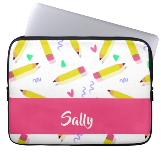 Gele potloden en schubbels op wit laptop sleeve (Voorkant)