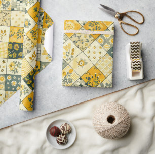 Gele Quilt Gingham Cottagecore Bloemen Cadeaupapier