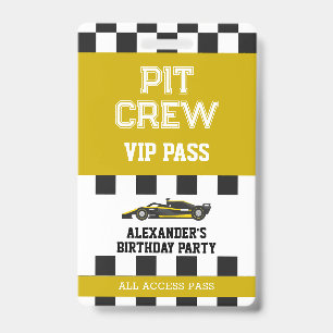 Gele Raceauto Vip Pas Pit Crew Verjaardagsfeestje Badge