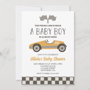 Gele raceautobaby shower kaart