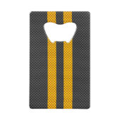 Gele racestrips met accenten kredietkaart flessenopener (Voorkant)