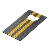 Gele racestrips met accenten kredietkaart flessenopener (Voorkant Gekanteld)