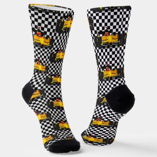 Gele racewagen - Checkerboard-poorten Sokken