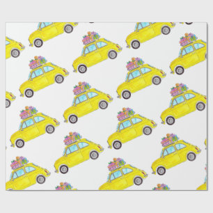 Gele Retro Fiat 500 kerstcadeautjes Waterverf Cadeaupapier