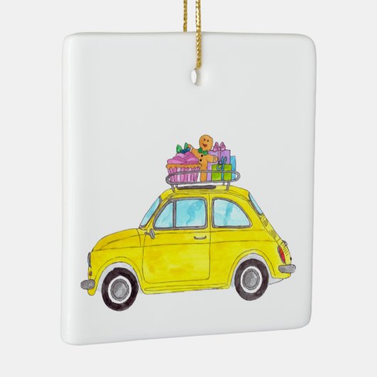 Gele Retro Fiat 500 kerstcadeautjes Waterverf Keramisch Ornament (Rechts)