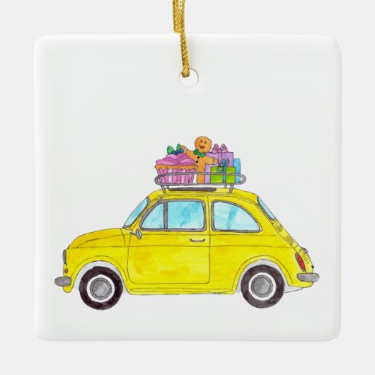 Gele Retro Fiat 500 kerstcadeautjes Waterverf Keramisch Ornament (Voorkant)