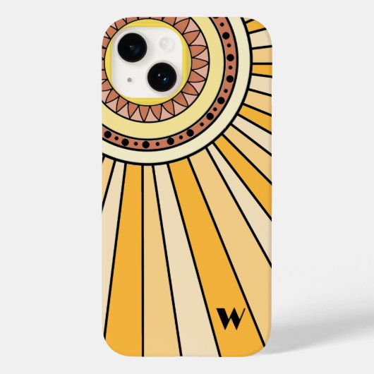 Gele Retro zonnestralen Custom monogram letter Case-Mate iPhone Case (Achterkant)