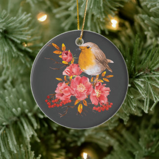 Gele roodrover en rode papaver keramisch ornament