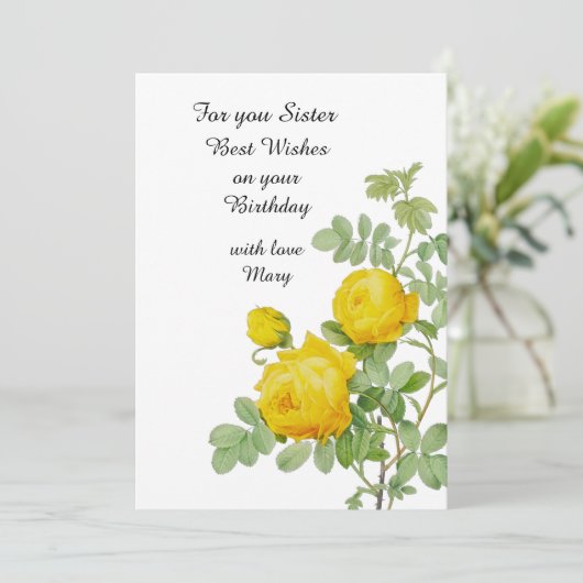 Gele roos voor zuster Verjaardag Platte Kaart (Staand voorkant)
