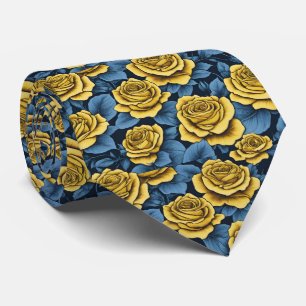 Gele Rose en Navy Blue Patroon Stropdas