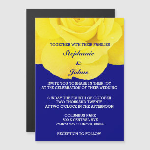 Gele Rose Marine Blauw Bloemen Wit Unieke Bruiloft Magnetische Uitnodiging